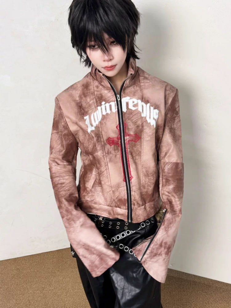 Graffiti Leather Make Dirty Print Flared Sleeve Slim Jacket【s0000014217】