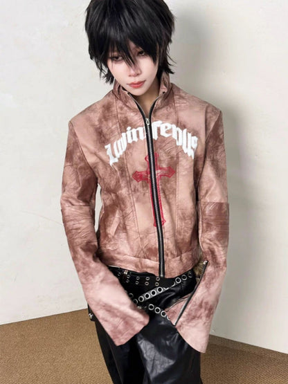 Graffiti Leather Make Dirty Print Flared Sleeve Slim Jacket【s0000014217】
