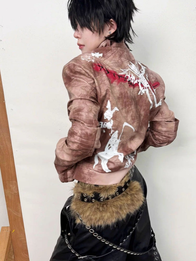 Graffiti Leather Make Dirty Print Flared Sleeve Slim Jacket【s0000014217】