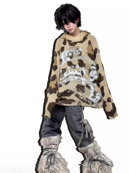 Leopard Print Brushed Silver Graffiti Ripped Knit Pearl Button Hoodie【s0000014218】