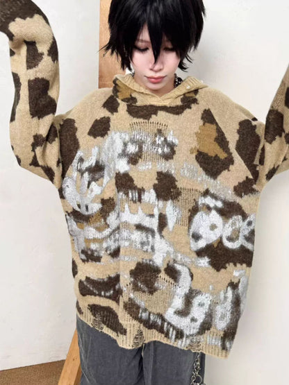 Leopard Print Brushed Silver Graffiti Ripped Knit Pearl Button Hoodie【s0000014218】