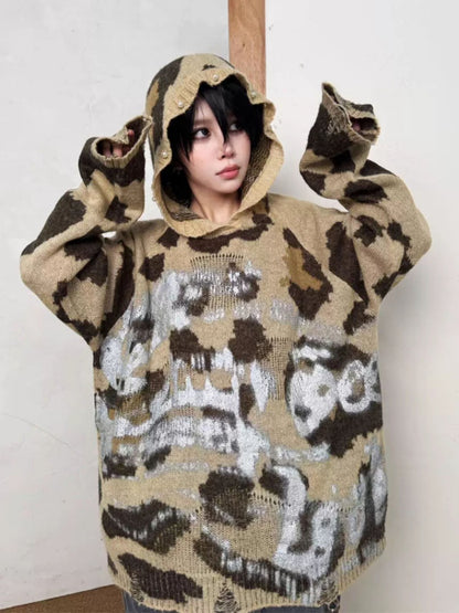 Leopard Print Brushed Silver Graffiti Ripped Knit Pearl Button Hoodie【s0000014218】