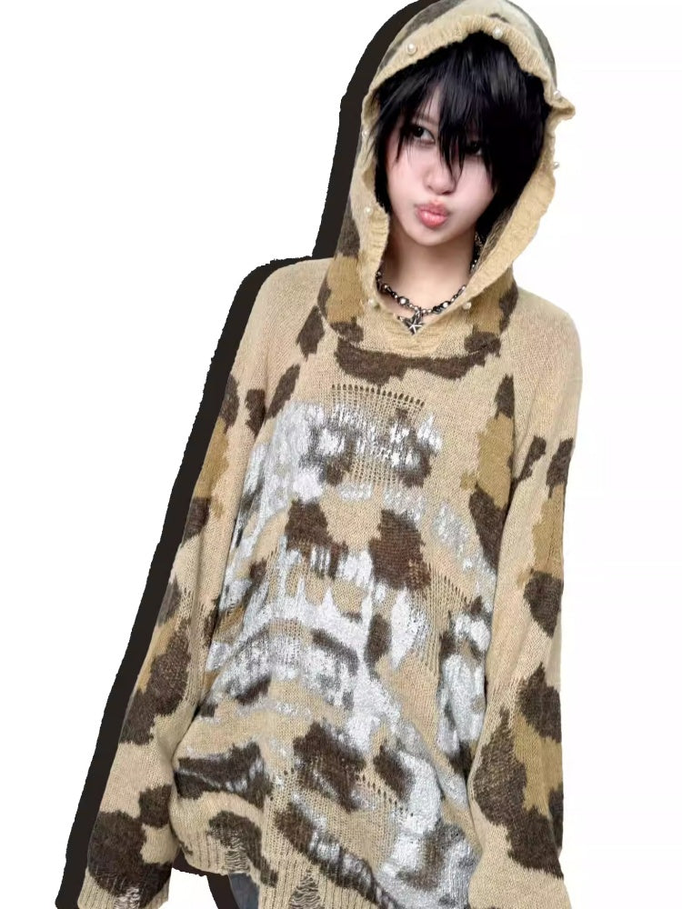 Leopard Print Brushed Silver Graffiti Ripped Knit Pearl Button Hoodie【s0000014218】