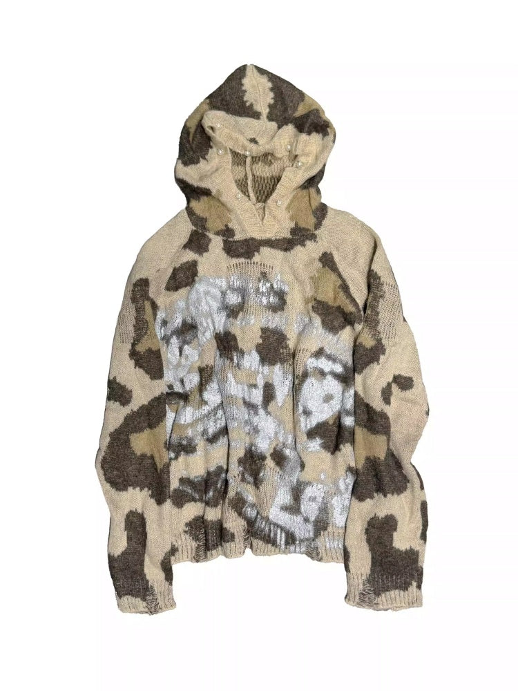 Leopard Print Brushed Silver Graffiti Ripped Knit Pearl Button Hoodie【s0000014218】