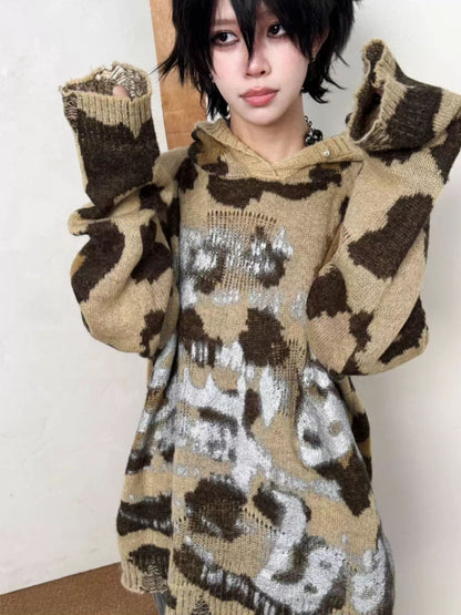 Leopard Print Brushed Silver Graffiti Ripped Knit Pearl Button Hoodie【s0000014218】