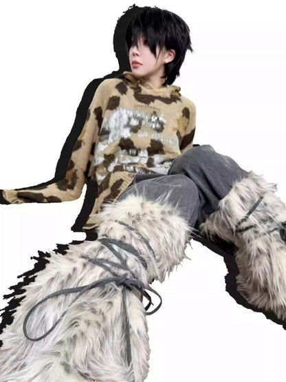 Snow Monster Sleeve Faux Wool Drawstring Leg Loose Washed Jeans【s0000014219】
