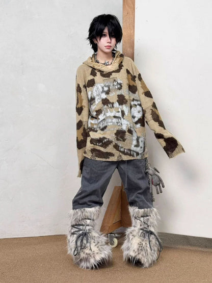 Snow Monster Sleeve Faux Wool Drawstring Leg Loose Washed Jeans【s0000014219】