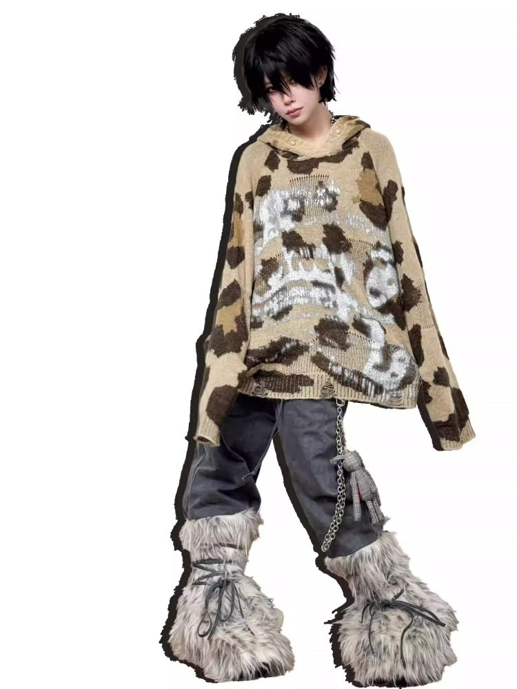 Snow Monster Sleeve Faux Wool Drawstring Leg Loose Washed Jeans【s0000014219】