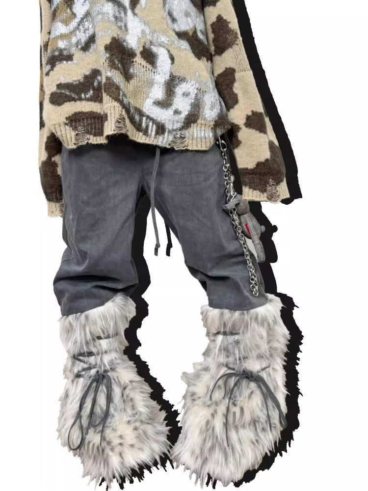 Snow Monster Sleeve Faux Wool Drawstring Leg Loose Washed Jeans【s0000014219】
