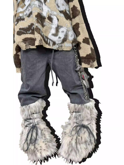 Snow Monster Sleeve Faux Wool Drawstring Leg Loose Washed Jeans【s0000014219】