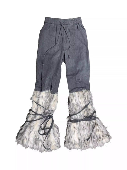 Snow Monster Sleeve Faux Wool Drawstring Leg Loose Washed Jeans【s0000014219】