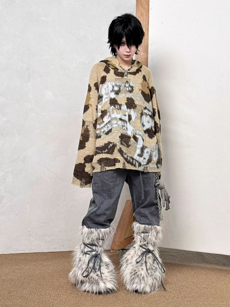Snow Monster Sleeve Faux Wool Drawstring Leg Loose Washed Jeans【s0000014219】