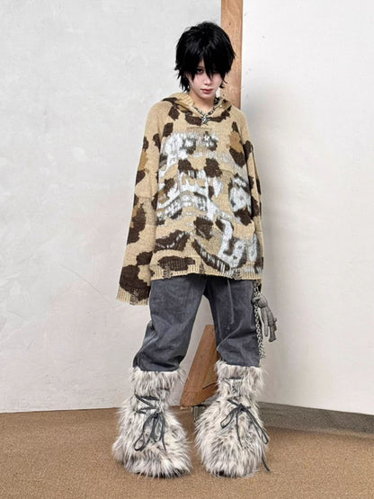 Snow Monster Sleeve Faux Wool Drawstring Leg Loose Washed Jeans【s0000014219】