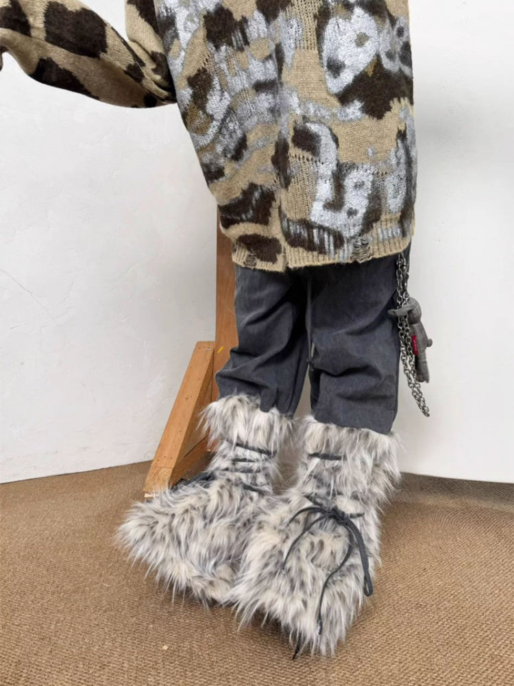 Snow Monster Sleeve Faux Wool Drawstring Leg Loose Washed Jeans【s0000014219】