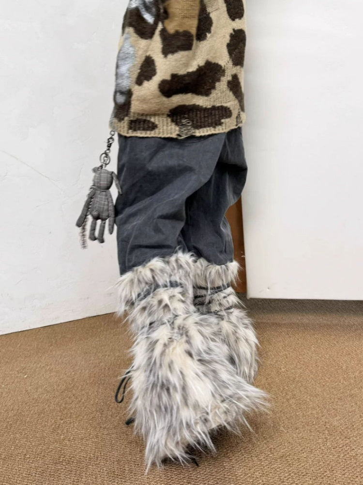 Snow Monster Sleeve Faux Wool Drawstring Leg Loose Washed Jeans【s0000014219】