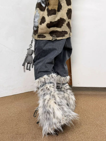 Snow Monster Sleeve Faux Wool Drawstring Leg Loose Washed Jeans【s0000014219】