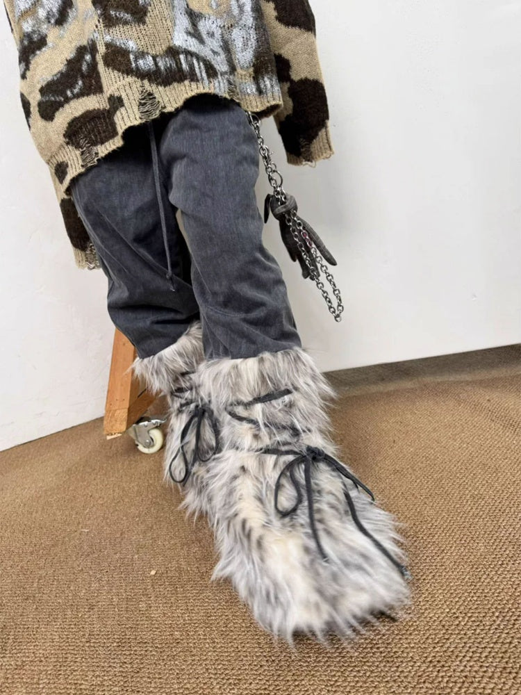 Snow Monster Sleeve Faux Wool Drawstring Leg Loose Washed Jeans【s0000014219】