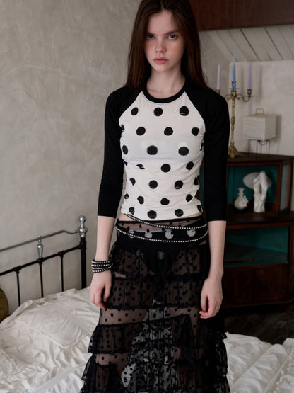 Contrast Stitching Polka Dot Print Raglan Three-Quarter Sleeve T-shirt【s0000014221】