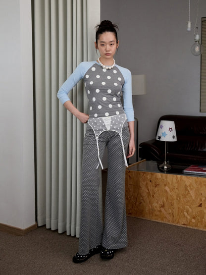 Contrast Stitching Polka Dot Print Raglan Three-Quarter Sleeve T-shirt【s0000014221】