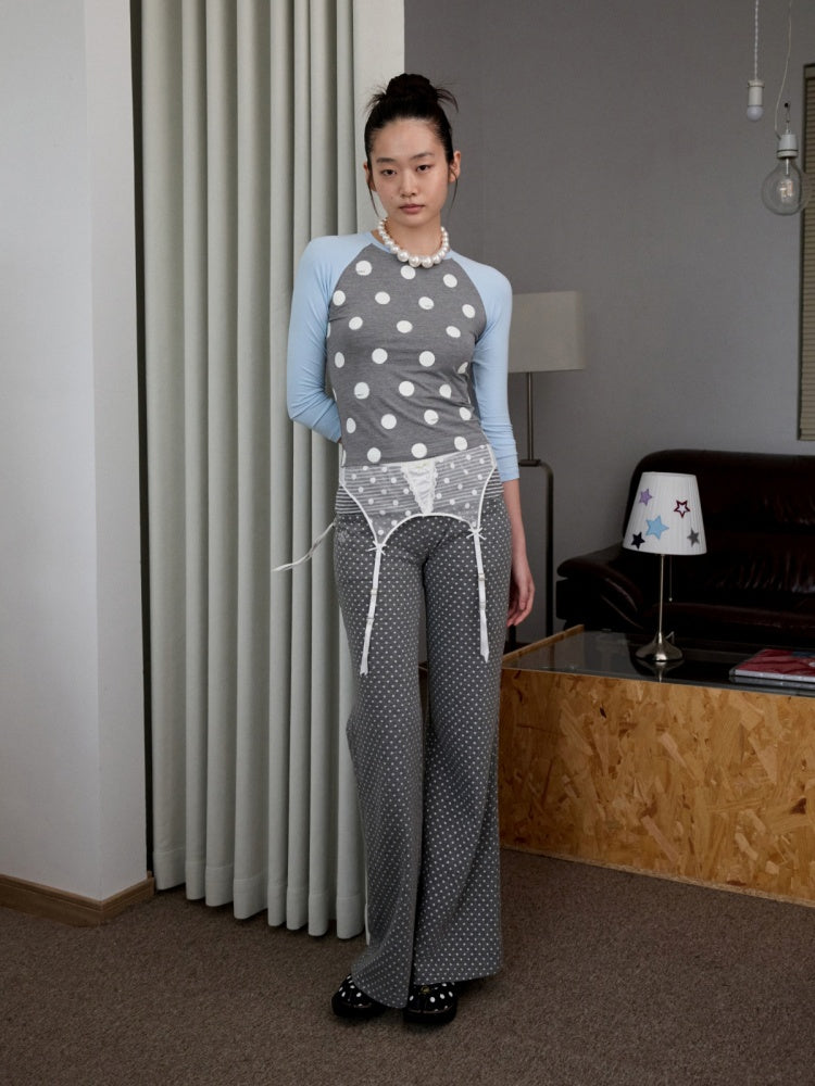 Contrast Stitching Polka Dot Print Raglan Three-Quarter Sleeve T-shirt【s0000014221】