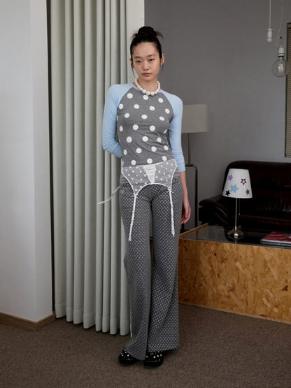 Contrast Stitching Polka Dot Print Raglan Three-Quarter Sleeve T-shirt【s0000014221】