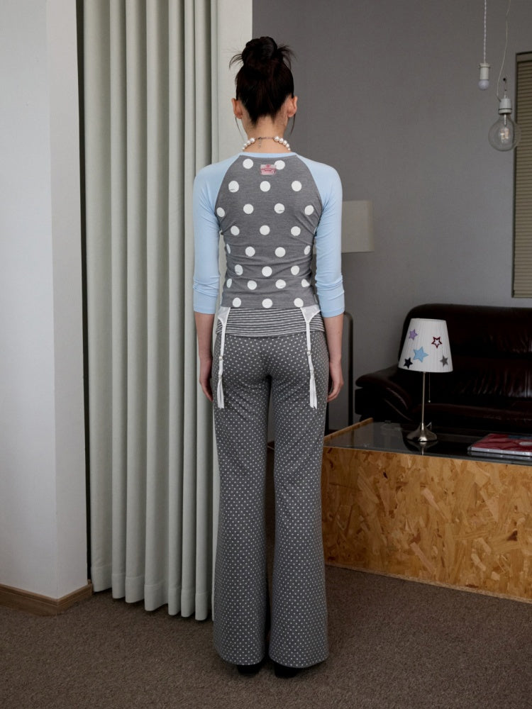 Contrast Stitching Polka Dot Print Raglan Three-Quarter Sleeve T-shirt【s0000014221】