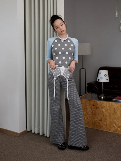 Contrast Stitching Polka Dot Print Raglan Three-Quarter Sleeve T-shirt【s0000014221】