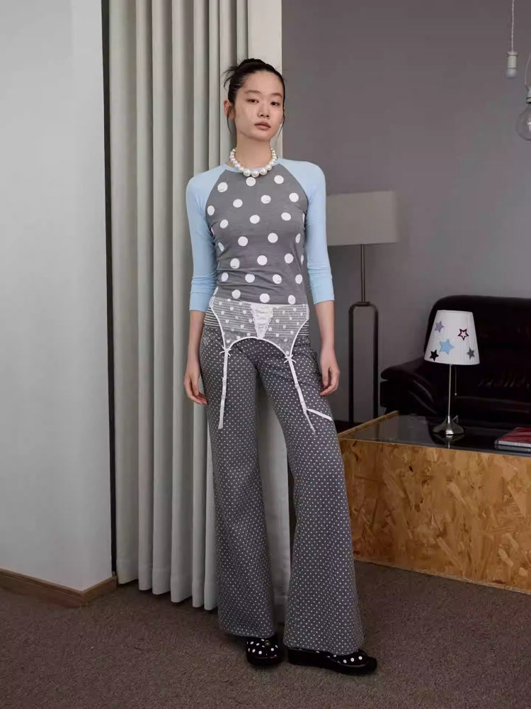 Contrast Stitching Polka Dot Print Raglan Three-Quarter Sleeve T-shirt【s0000014221】