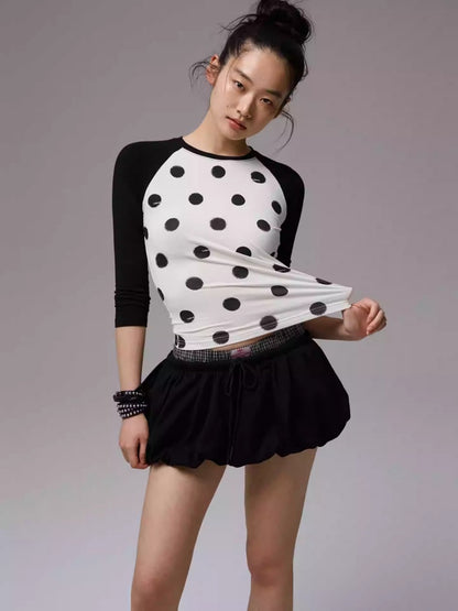 Contrast Stitching Polka Dot Print Raglan Three-Quarter Sleeve T-shirt【s0000014221】