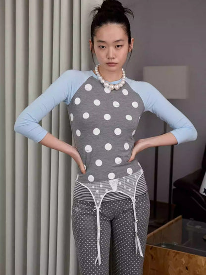 Contrast Stitching Polka Dot Print Raglan Three-Quarter Sleeve T-shirt【s0000014221】