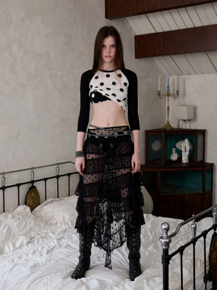 Contrast Stitching Polka Dot Print Raglan Three-Quarter Sleeve T-shirt【s0000014221】