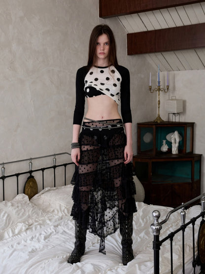 Contrast Stitching Polka Dot Print Raglan Three-Quarter Sleeve T-shirt【s0000014221】