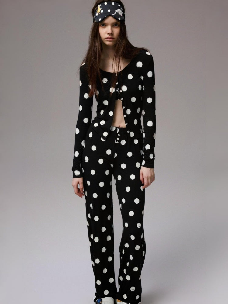 Contrast Polka Dot Knit Long Sleeve Cardigan Pajamas Loungewear Pants Set【s0000014222】