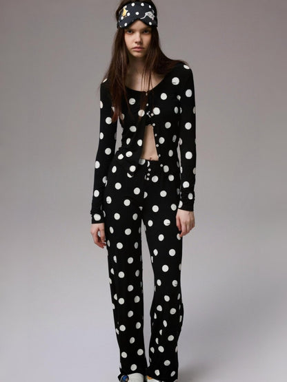 Contrast Polka Dot Knit Long Sleeve Cardigan Pajamas Loungewear Pants Set【s0000014222】