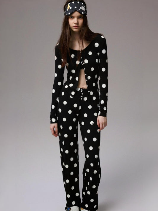 Contrast Polka Dot Knit Long Sleeve Cardigan Pajamas Loungewear Pants Set【s0000014222】