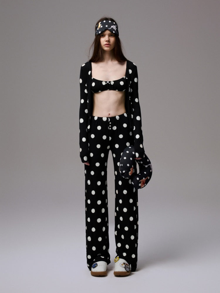 Contrast Polka Dot Knit Long Sleeve Cardigan Pajamas Loungewear Pants Set【s0000014222】