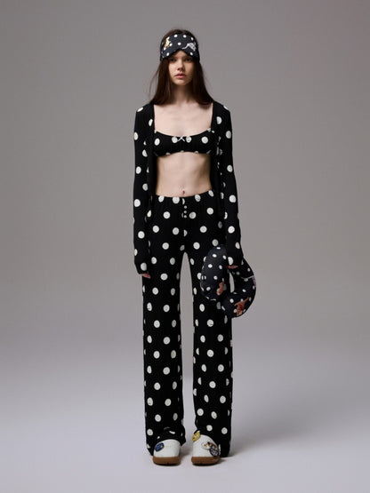 Contrast Polka Dot Knit Long Sleeve Cardigan Pajamas Loungewear Pants Set【s0000014222】