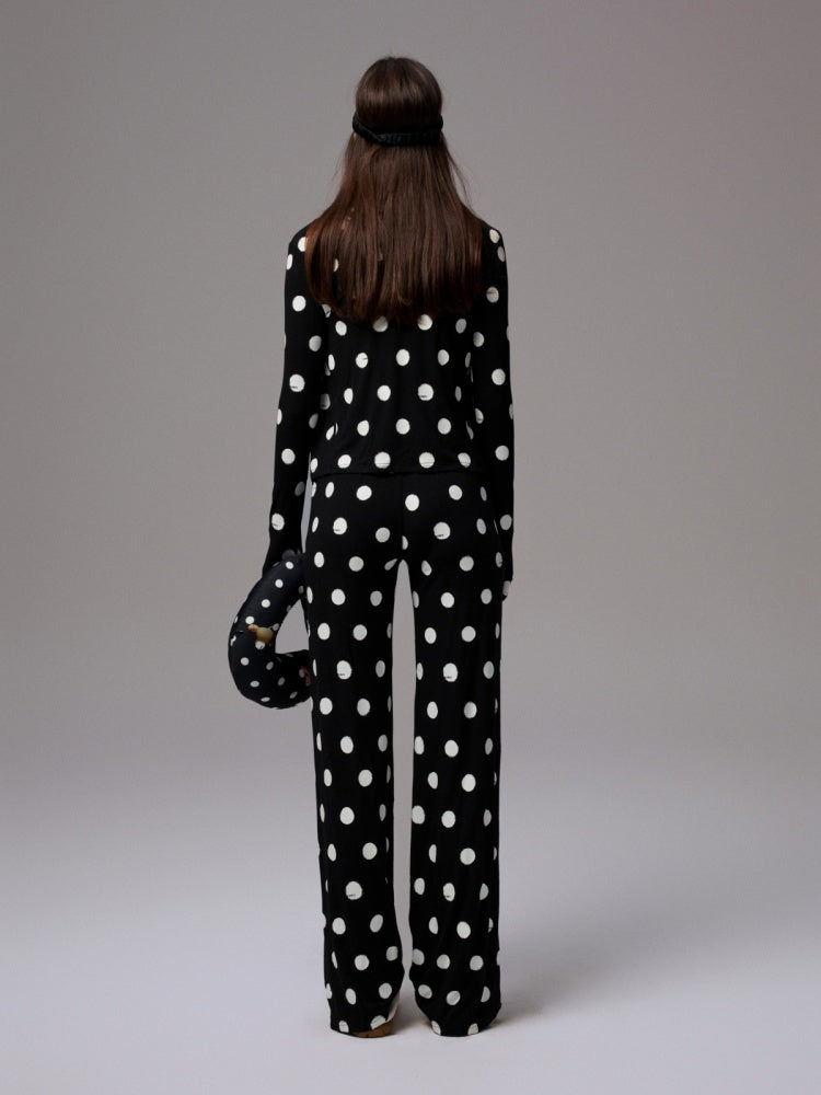 Contrast Polka Dot Knit Long Sleeve Cardigan Pajamas Loungewear Pants Set【s0000014222】