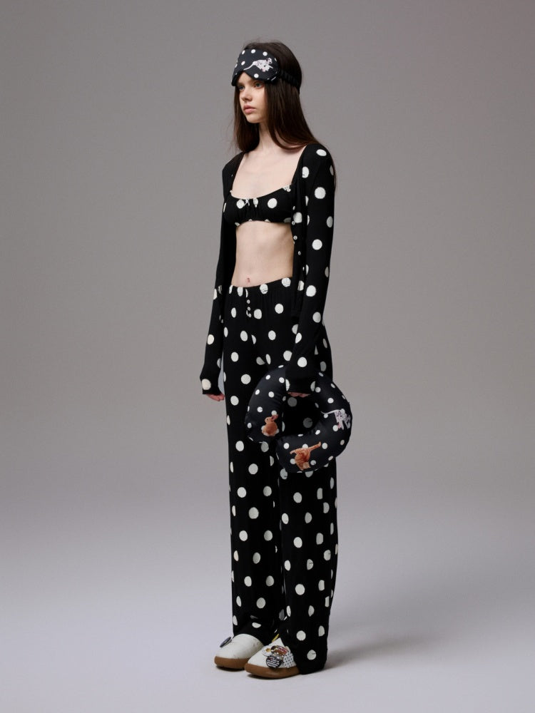 Contrast Polka Dot Knit Long Sleeve Cardigan Pajamas Loungewear Pants Set【s0000014222】
