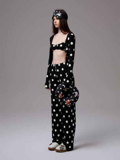 Contrast Polka Dot Knit Long Sleeve Cardigan Pajamas Loungewear Pants Set【s0000014222】