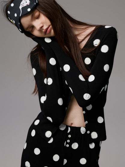 Contrast Polka Dot Knit Long Sleeve Cardigan Pajamas Loungewear Pants Set【s0000014222】