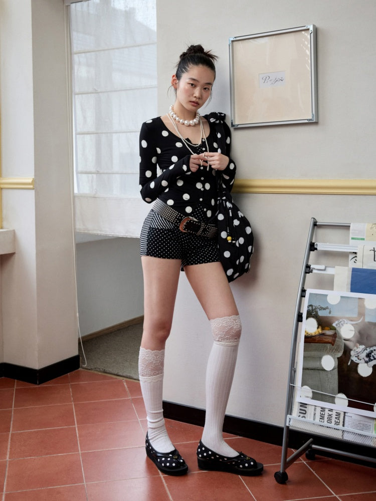 Contrast Polka Dot Knit Long Sleeve Cardigan Pajamas Loungewear Pants Set【s0000014222】