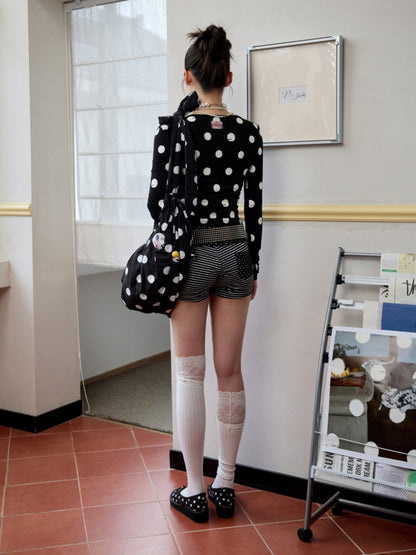Contrast Polka Dot Knit Long Sleeve Cardigan Pajamas Loungewear Pants Set【s0000014222】