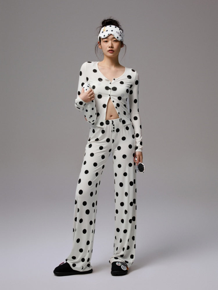 Contrast Polka Dot Knit Long Sleeve Cardigan Pajamas Loungewear Pants Set【s0000014222】