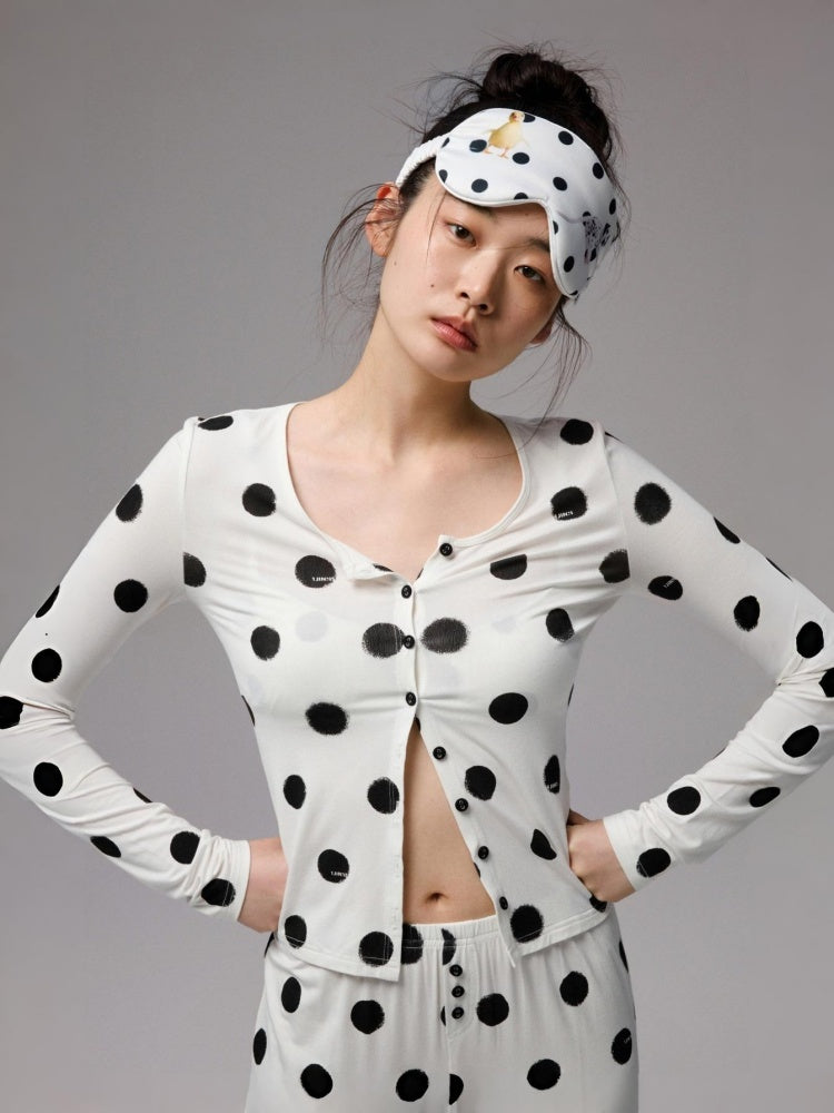 Contrast Polka Dot Knit Long Sleeve Cardigan Pajamas Loungewear Pants Set【s0000014222】