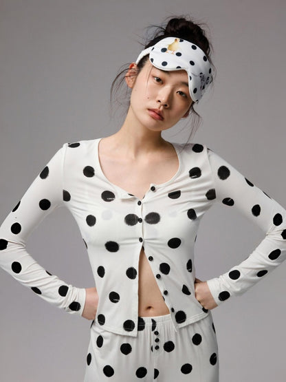 Contrast Polka Dot Knit Long Sleeve Cardigan Pajamas Loungewear Pants Set【s0000014222】