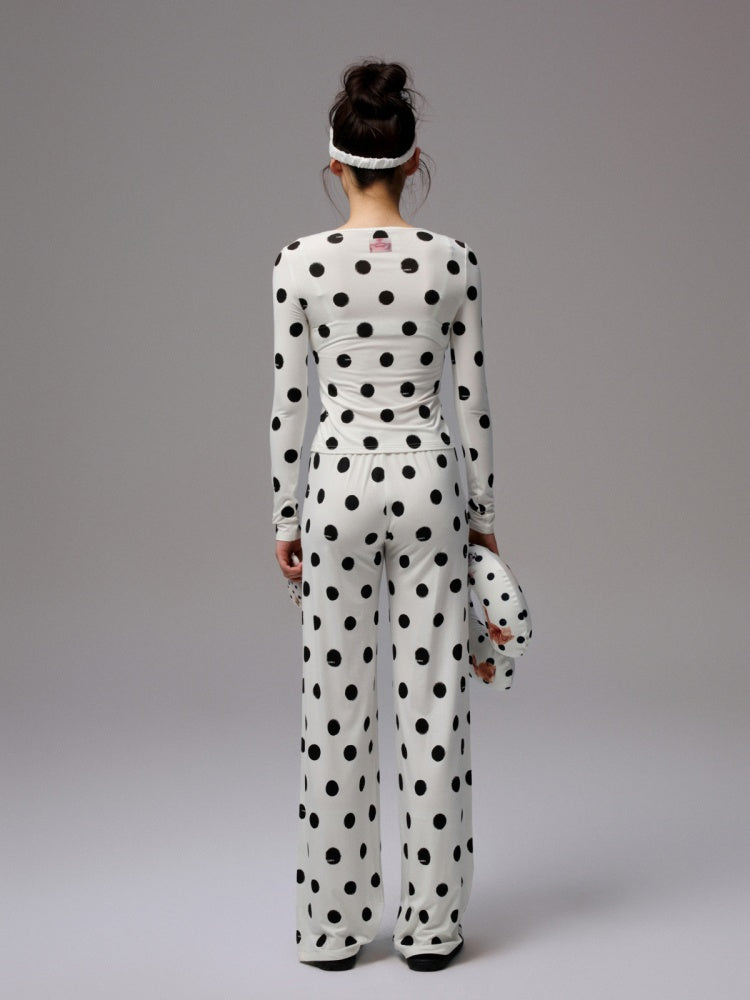 Contrast Polka Dot Knit Long Sleeve Cardigan Pajamas Loungewear Pants Set【s0000014222】