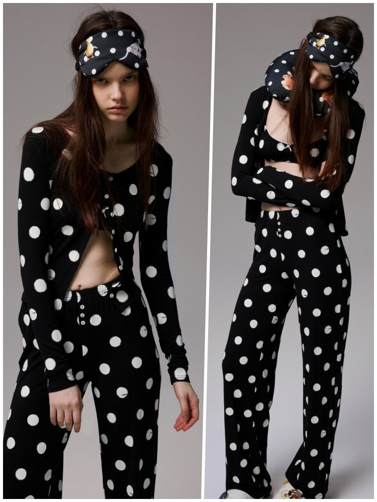 Contrast Polka Dot Knit Long Sleeve Cardigan Pajamas Loungewear Pants Set【s0000014222】
