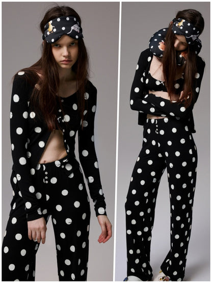 Contrast Polka Dot Knit Long Sleeve Cardigan Pajamas Loungewear Pants Set【s0000014222】