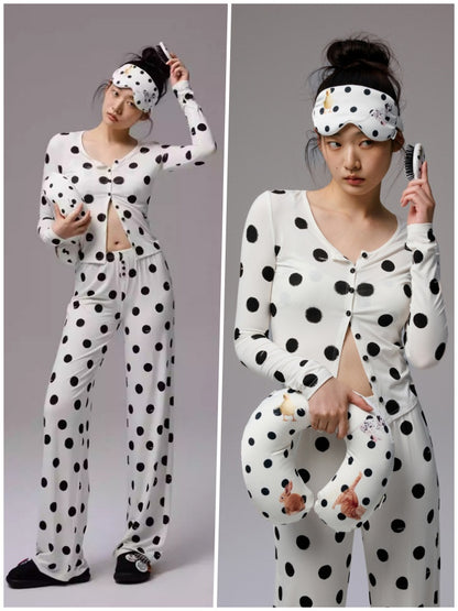 Contrast Polka Dot Knit Long Sleeve Cardigan Pajamas Loungewear Pants Set【s0000014222】